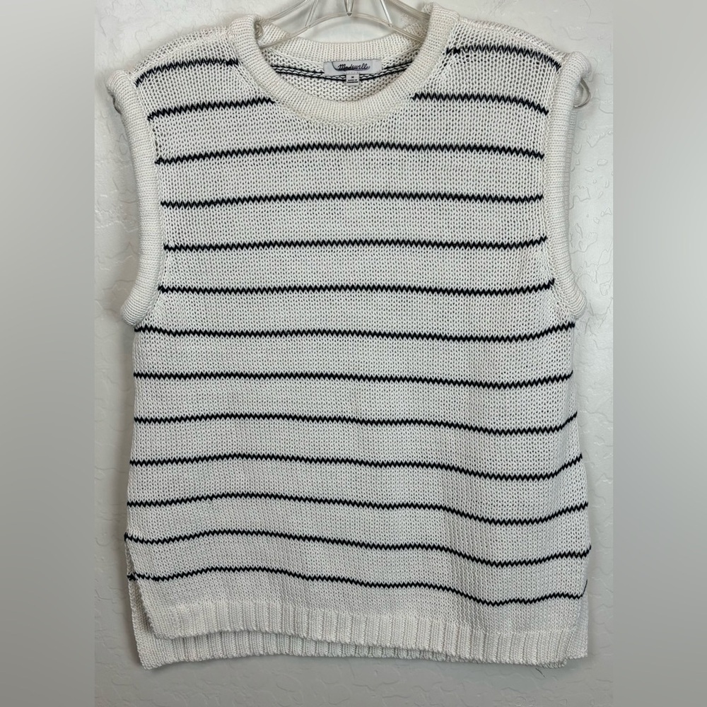 NEW Madewell Striped Cotton Linen Sweater Vest Cream Navy Blue Women Medium 0840